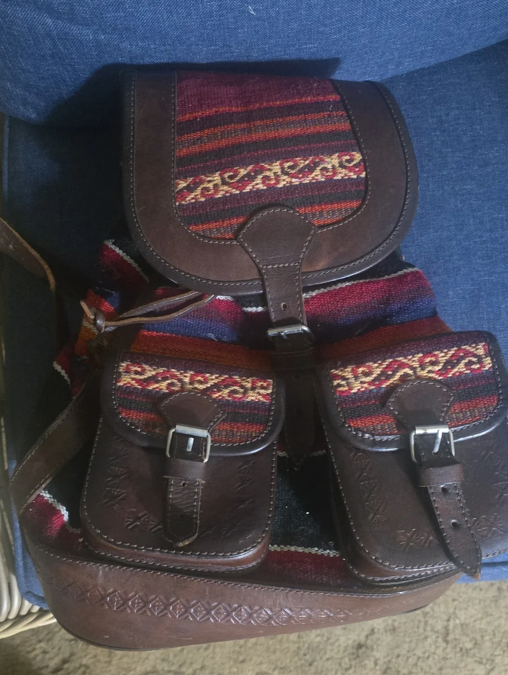 Bohemian Leather and Woven Red Backpack - Womans Casual Bag